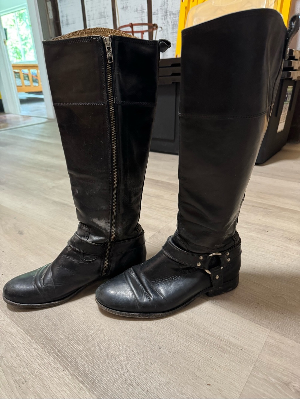 Frye Black Leather Harness Boots with Side Zip
